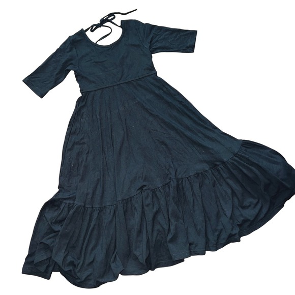 Omi Jo Black Maxi Dress 2 Tie Back 3/4 Sleeve Ruffle Halloween Wednesday Goth - Picture 1 of 5